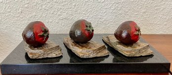 (3) Chocolate Strawberry Bronzes 2004 By Darlis Lamb On Black Marble Base (8, 15, And 17 Of 120)
