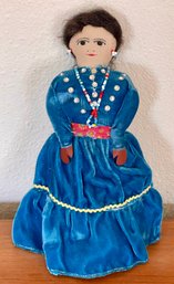 Hand Made Navajo 11' Indian Doll With Bead Necklace, Material Face, And Velvet Clothes