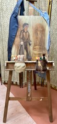 Darlis Lamb's Art Easel With Original Oil Painting, Brushes, Jacket, And Apron