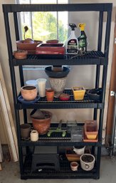 71' Plastic Shelf With Contents - Ceramic, Terracotta, Plastic Planters, Trimers, Ste Stool, And More