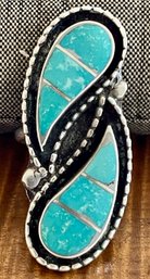 Susie Leekity Zuni Inlay Sterling Silver And Turquoise Ring Size 5 - 8.8 Grams Total