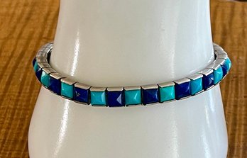 Sterling Silver Turquoise And Blue Lapis Panel Bracelet - 21.6 Grams Total