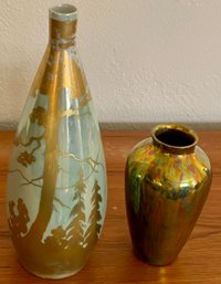 (2) Antique Lusterware Vases - Bennett Pottery K B USA And D. L. Skiff Pine Cone Studio Boulder CO.