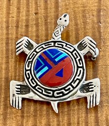 Kirk Sterling Silver Native American Inlay Turtle Pin - Coral Lapis And Turquoise - 11.9 Grams Total