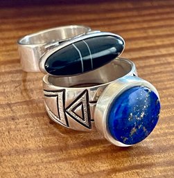 (2) Sterling Silver Rings - Blue Lapis Size 9.5, Black Banded Agate Signed AMF Size 6.5 - 22.6 Grams Total