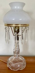 Antique Cut Crystal And Brass Prism Boudoir Lamp With White Hurricane Shade