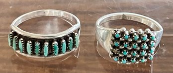 (2) Vintage Rings - Petite Point & Fish Eye (as Is) Sterling Silver Turquoise Rings Size 7.5 & 6 - 5.2 Grams