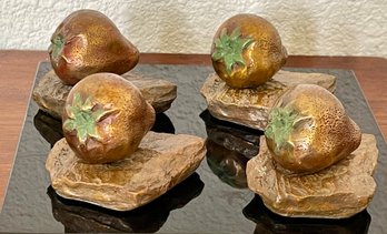 (4) Incomplete Wild Strawberry Bronzes (30, 22, 23, And 2 Of 120) 2003 By Darlis Lamb On Black Marble Base