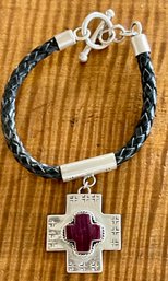 Leather Woven Band & Sterling Silver Cross With Stone Pendant 7 Inch Bracelet