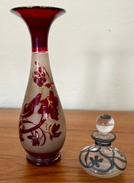 Antique Bohemian Ruby Red Flash Frosted Bird Vase Blown Glass With Rough Pontil And Antique Glass Perfume