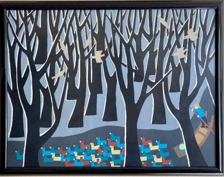 Framed Multi Media Painting Birds & Trees With Black Wood Frame