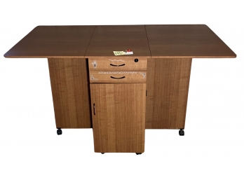 Veneer Drop Leaf Sewing Craft Rolling Table With Contents And Key