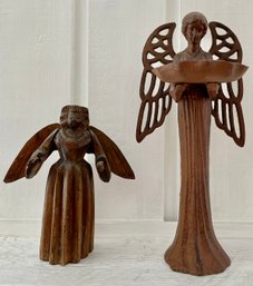 Cast Iron Metal Angel Bird Feeder & Hand Carved Wood Angel