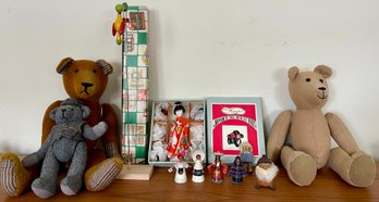 Vintage Doll And Bear Lot - (3) Hand Made Tweed Bears, Hanakao Japanese Doll With Wigs, Wood Folk Art, Etc.