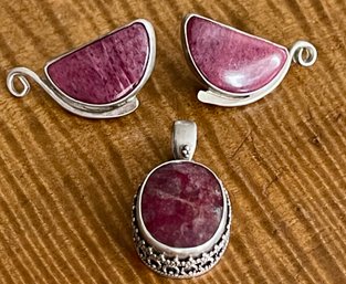 Sterling Silver & Purple Stone J S H Signed Earrings And Faceted Red Stone Pendant