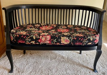 Darling Antique Black Wood Slat Back Bench With Quilted Floral Padded Seat