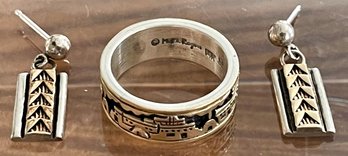 Native American M M Rogers 14K Gold & Sterling Silver HMY 5.75 Ring And T A S Earrings - 8.9 Grams
