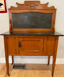 Antique Mahogany Single Drawer Cabinet With Black & White Marble Top And Back On Casters