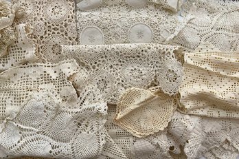 Large Lot Of Hand Made Crocheted Doilies, Arm Rest Covers, Table Runners, And More