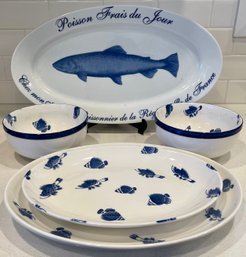 (4) Crate & Barrel Blue Fish Pattern Serving Bowls & Oval Trays With William Sonoma Poisson Platter