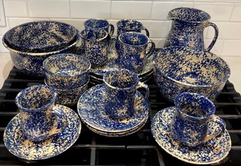 Set Of Studio Pottery ' Chris ' Blue & Cream Spongeware Bowls, Plates, Pitcher, Cups, & More