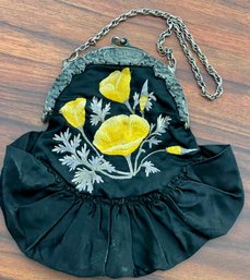 Antique Black Silk Embroidered Yellow Floral Purse With Intricate Village Motif Frame