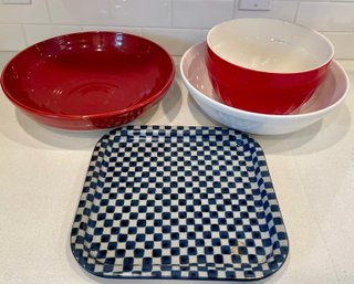 (3) Serving Bowls - Crate & Barrel, Emile Henry France. & Checker Board Pottery Tray