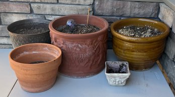 (5) Assorted Ceramic, Terracotta, And Metal Planters