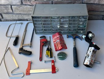 Tool And Hardware Lot - Organizer, Hitch Ball Mount, Pipe Wrench, Hammer, Saws, And More