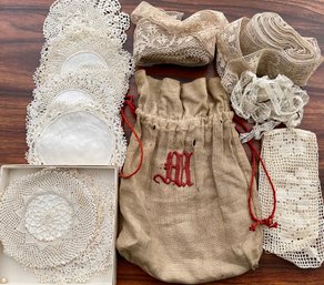 Antique Beggars Bag, Large Collection Of 6' Hand Crocheted Doilies, 3 Rolls Of Antique Hand Made Lace