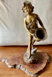 Antique Brass Cherub With Basket Figurine On Burled Walnut Slab
