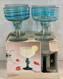 (4) Furio Cactus Margarita Glasses With Original Box & (4) Hand Blown Blue Ring Margarita Glasses