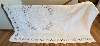 Vintage 103' X 80' Machine Stitched White Floral Bed Spread
