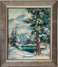 Antique Signed Elizabeth Hudell Original Oil Panting On Canvas Winter Landscape