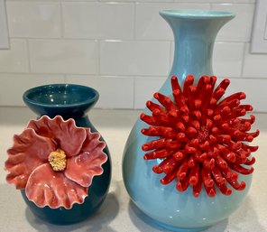 (2) Anthropologie Vases With Pottery Flowers