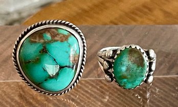 2 Old Pawn Sterling Silver & Turquoise Rings - Size 6 - Total Weight 11.6 Grams