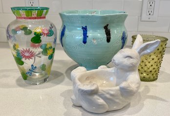 Home Decor Lot - Pottery Italy Footed Bowl, Hand Painted Dragonfly Vase, Bunny Candy Bowl, Hobnail Vase