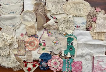 Large Lot Of Hand Tatted Lace, Crocheted, Hot Pads, Baskets , Doilies, Chair Covers And More