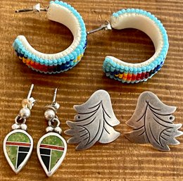 3 Pairs Of Sterling Silver, Seed Bead & Leather And Sterling Silver And Stone Inlay & Teardrop Earrings