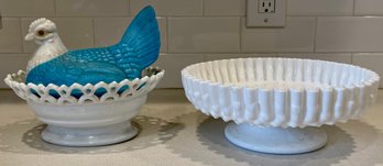 Rare Westmoreland Two-tone Hen On Nest Dish With White Fenton Hobnail Crimped Serving Bowl