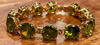 Green Swarovski Large Crystal 7' Tennis Bracelet Gold Tone Trim