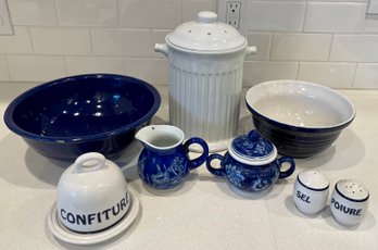 Blue & White Dishware Lot - Williams Sonoma Butter Bell, Cream & Sugar, Salt & Pepper, Canister, & More