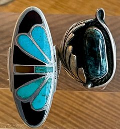 2 Vintage Southwestern Inlay And Turquoise Rings - Size 5.5 & Inlay 6.5 - Total Weight 18.7 Grams