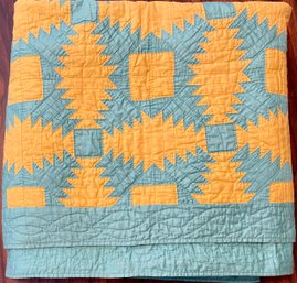 Teal And Yellow Handmade Pineapple Quilt 74' X 62'