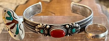 Vintage Silver Metal & Turquoise & Coral Cuff Bracelet- Sterling Namaste Ring Size7 & Inlay Ring Size 6.5