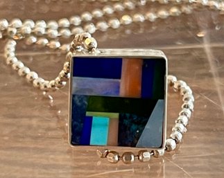 Sterling Silver 24 Inch Chain With Square Stone Inlay Signed Pendant - Total Weight 10.6 Grams