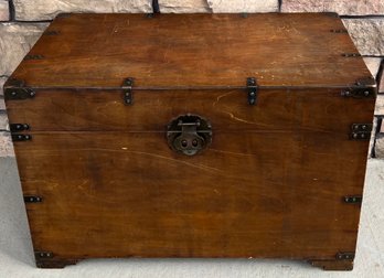 Vintage Wooden Trunk With Metal Trim, Latch, And Handles