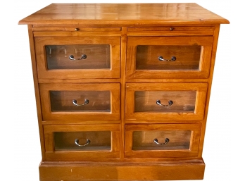 Vintage Solid Wood Apothocary Cabinet With 6 Glass Front Drawers And Two Pull Out Shelves