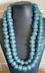 Vintage African Recycled Blue Glass Double Strand Ghana 24 Inch Necklace Strung On Natural Rafia