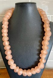 Vintage African Recycled Pink Glass Ghana 24 Inch Necklace Strung On Natural Rafia